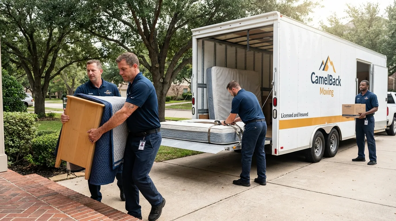 Crew loading residential truck for cross-state move from Wilsonville, OR
