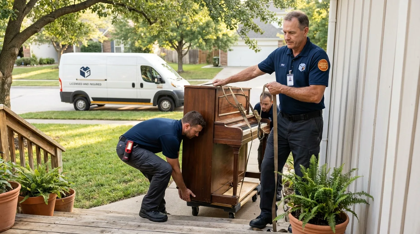 Licensed piano movers securing grand piano in Wilsonville, OR