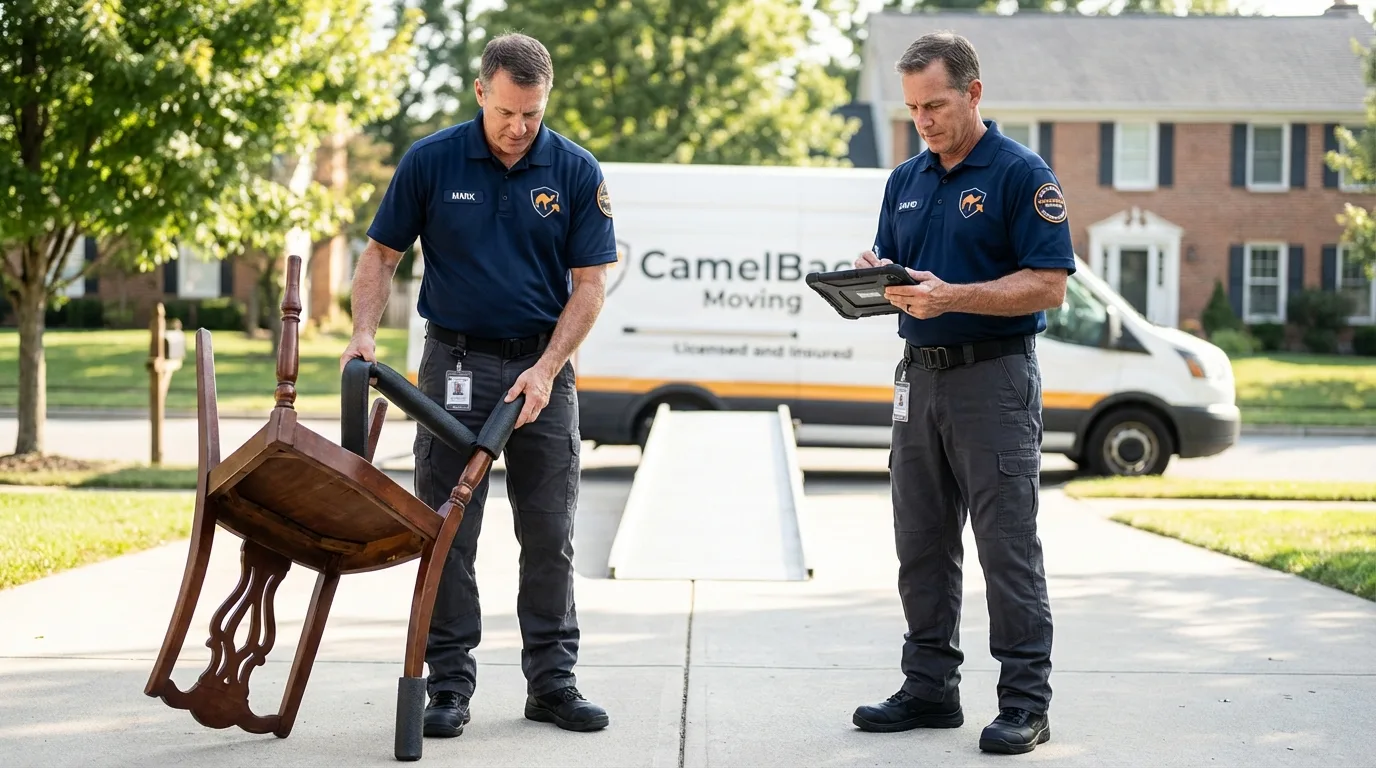 Movers inspecting furniture for damage prevention before loading in Wilsonville, OR